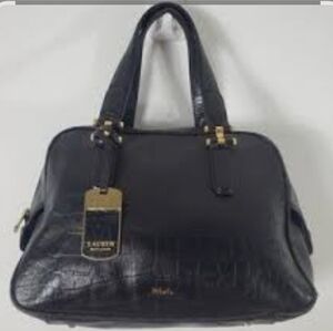 Ralph Lauren Black 100% Leather Croc Embossed Gold Hardware Satchel Tote